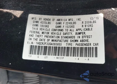 2016 Honda Accord Lx z USA, uszkodzony, nr VIN 1HGCR2F32GA090855